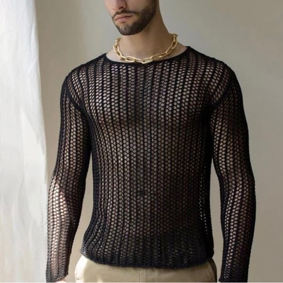 Mens Fishnet Transparent Long Sleeve T Shirt See Through Mesh Tshirt - Picture 1 of 3
